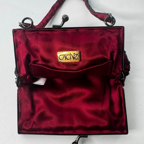 Cache Women's Red & Black Beaded Clutch Purse Evening Hand Bag Crossbody - Picture 4 of 6